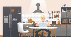 Stilstaand beeld van de animatievideo van een man die in de keuken achter zijn laptop zit om zijn gegevens in te zien of te wijzigen.